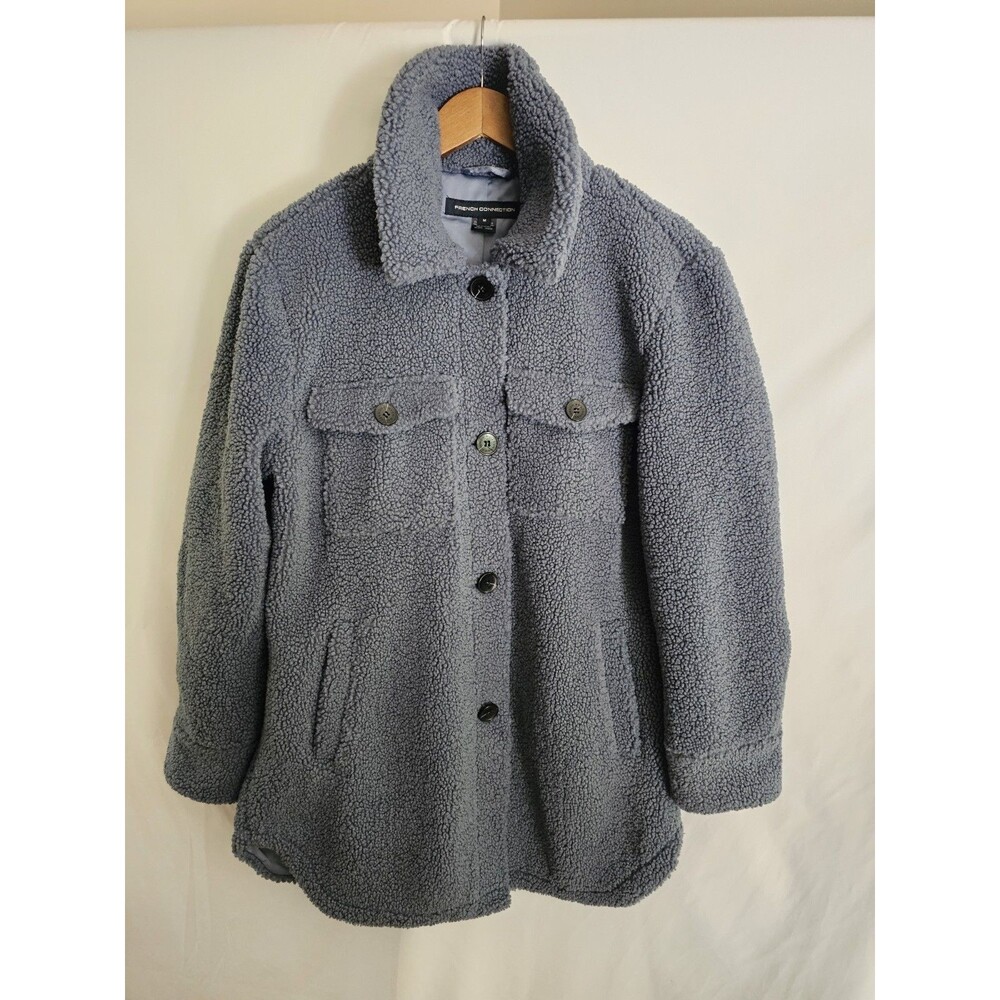 French Connection Blue Sherpa Fleece Button-Up Jacket Size Medium